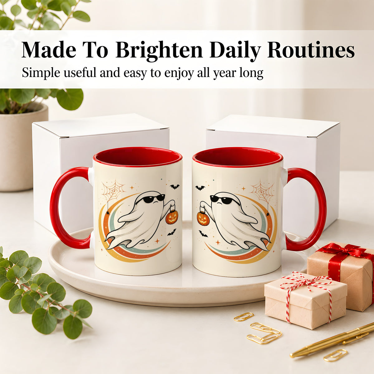 #pl[11oz|Red] Retro Halloween Ghost Accent Mug, Ceramic Mug with Pumpkin Bucket Art
