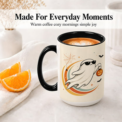 #pl[15oz|Black] Retro Halloween Ghost Accent Mug, Ceramic Mug with Pumpkin Bucket Art