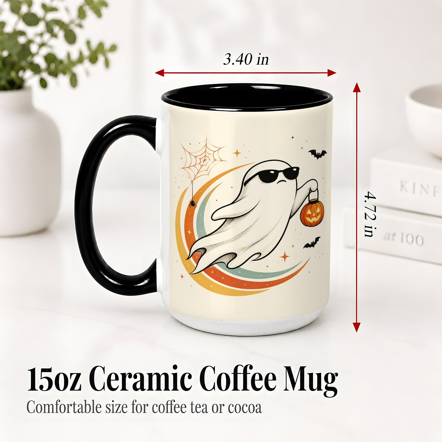 #pl[15oz|Black] Retro Halloween Ghost Accent Mug, Ceramic Mug with Pumpkin Bucket Art