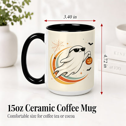 #pl[15oz|Black] Retro Halloween Ghost Accent Mug, Ceramic Mug with Pumpkin Bucket Art