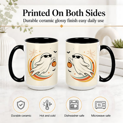 #pl[15oz|Black] Retro Halloween Ghost Accent Mug, Ceramic Mug with Pumpkin Bucket Art