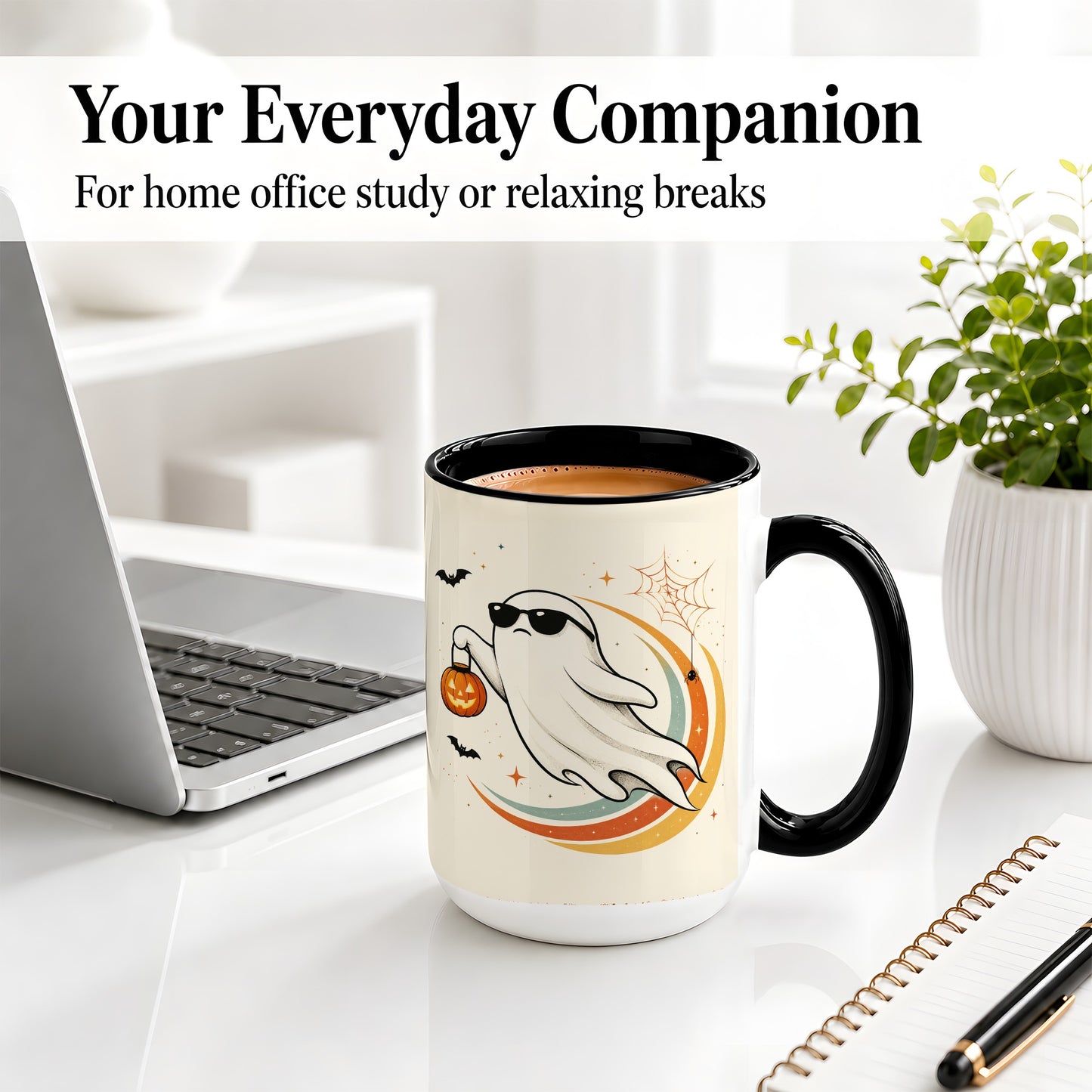 #pl[15oz|Black] Retro Halloween Ghost Accent Mug, Ceramic Mug with Pumpkin Bucket Art