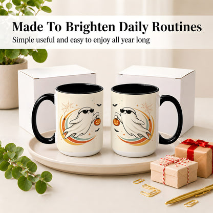 #pl[15oz|Black] Retro Halloween Ghost Accent Mug, Ceramic Mug with Pumpkin Bucket Art