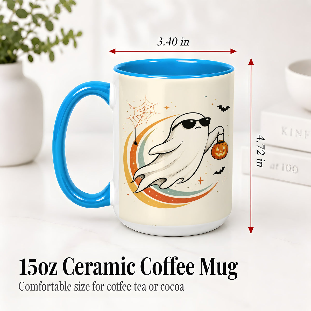 #pl[15oz|Blue] Retro Halloween Ghost Accent Mug, Ceramic Mug with Pumpkin Bucket Art