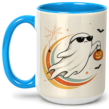 #pl[15oz|Blue] Retro Halloween Ghost Accent Mug, Ceramic Mug with Pumpkin Bucket Art