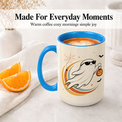 #pl[15oz|Blue] Retro Halloween Ghost Accent Mug, Ceramic Mug with Pumpkin Bucket Art