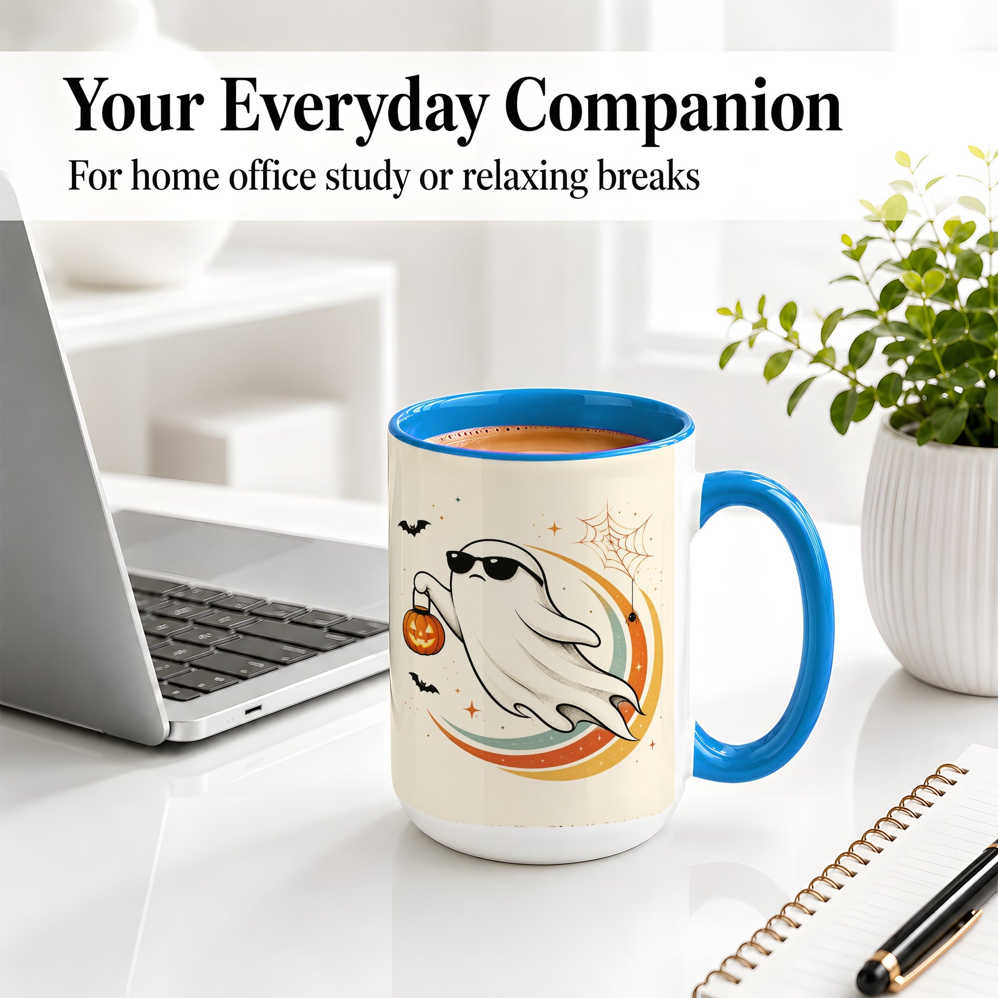 #pl[15oz|Blue] Retro Halloween Ghost Accent Mug, Ceramic Mug with Pumpkin Bucket Art