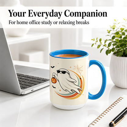 #pl[15oz|Blue] Retro Halloween Ghost Accent Mug, Ceramic Mug with Pumpkin Bucket Art