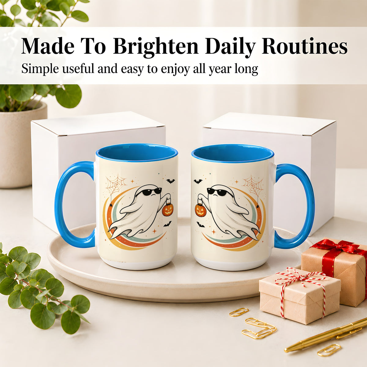 #pl[15oz|Blue] Retro Halloween Ghost Accent Mug, Ceramic Mug with Pumpkin Bucket Art
