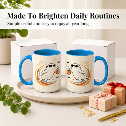 #pl[15oz|Blue] Retro Halloween Ghost Accent Mug, Ceramic Mug with Pumpkin Bucket Art