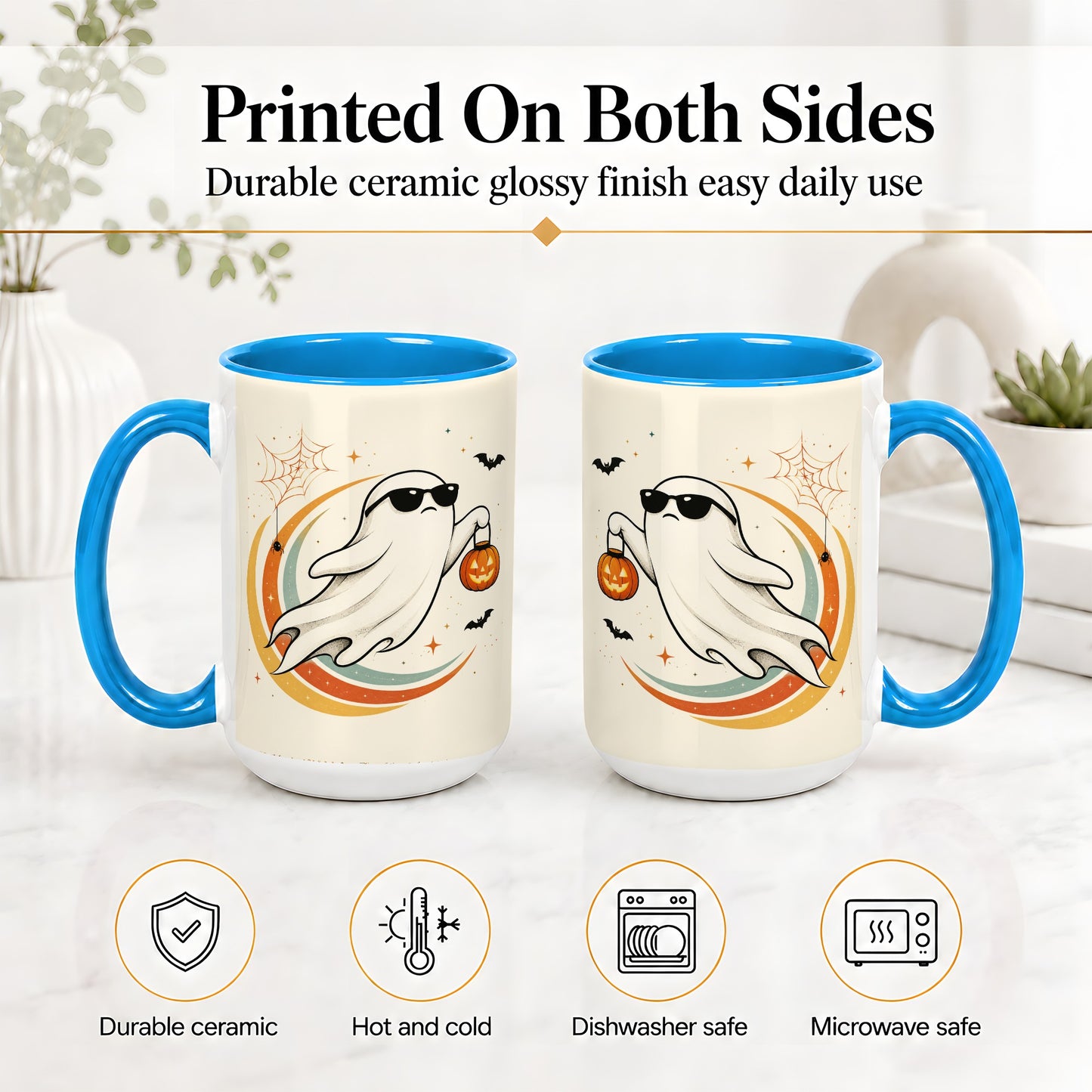 #pl[15oz|Blue] Retro Halloween Ghost Accent Mug, Ceramic Mug with Pumpkin Bucket Art