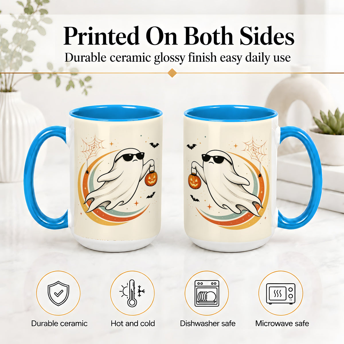 #pl[15oz|Blue] Retro Halloween Ghost Accent Mug, Ceramic Mug with Pumpkin Bucket Art