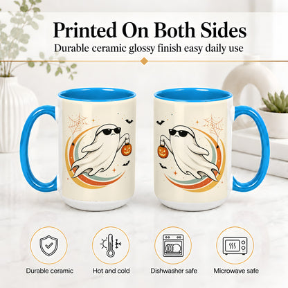 #pl[15oz|Blue] Retro Halloween Ghost Accent Mug, Ceramic Mug with Pumpkin Bucket Art