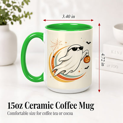 #pl[15oz|Green] Retro Halloween Ghost Accent Mug, Ceramic Mug with Pumpkin Bucket Art