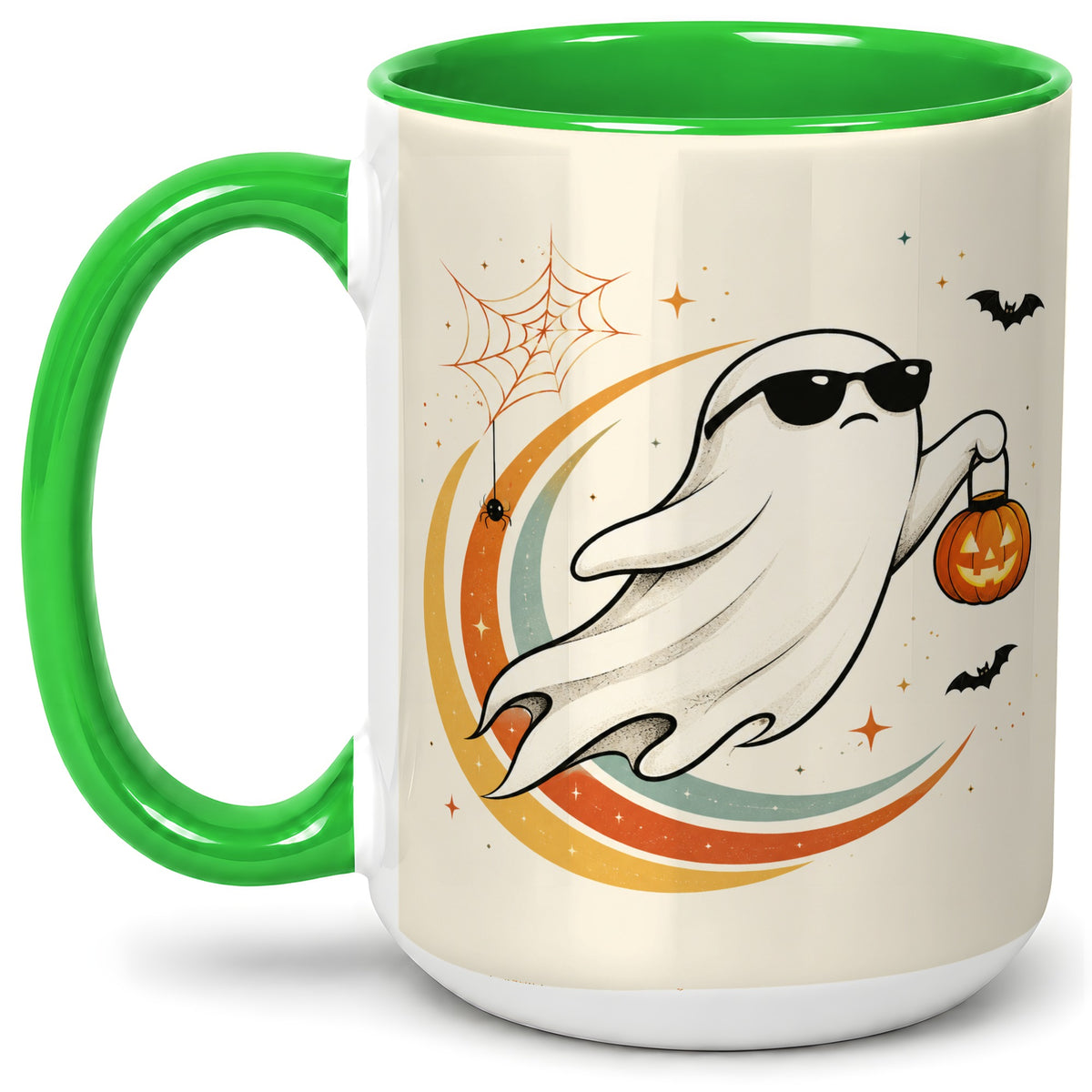 #pl[15oz|Green] Retro Halloween Ghost Accent Mug, Ceramic Mug with Pumpkin Bucket Art