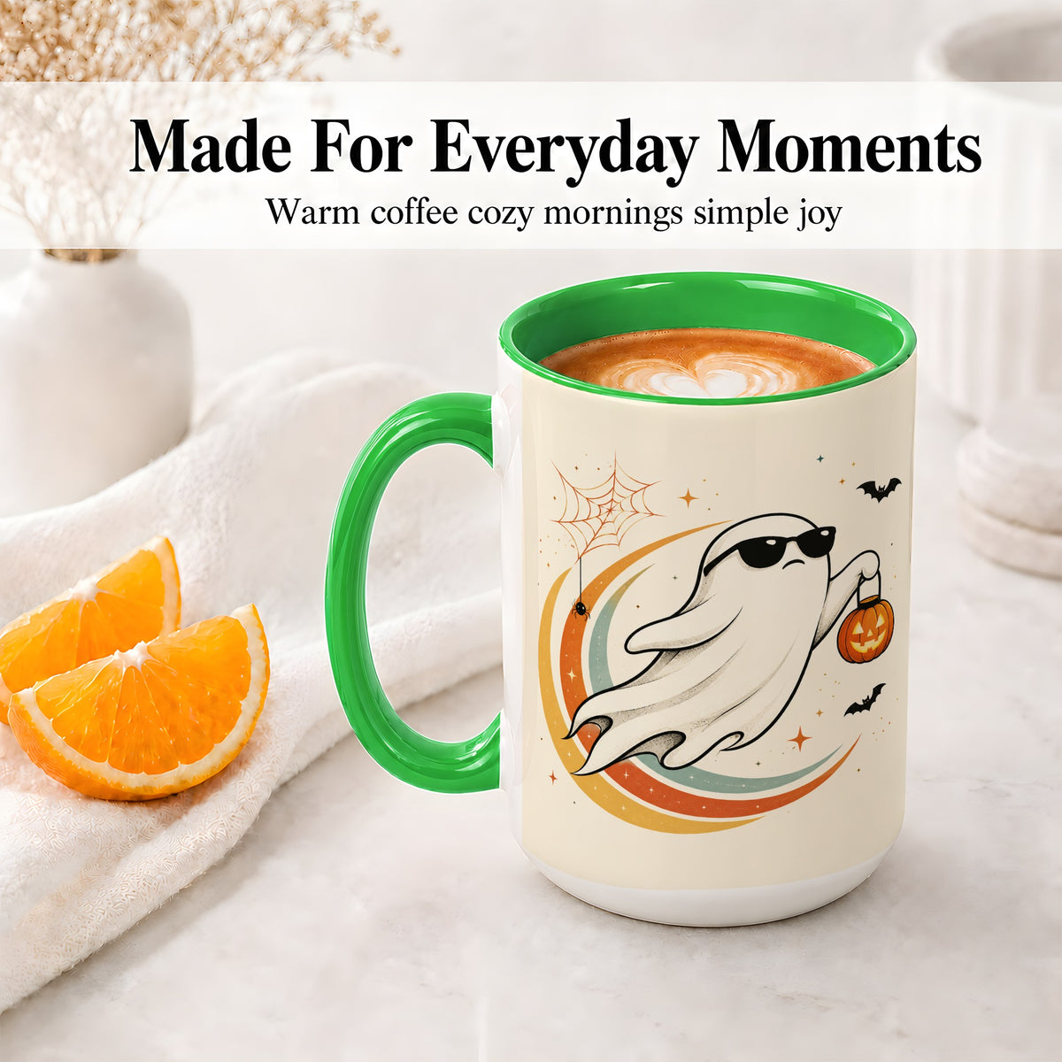 #pl[15oz|Green] Retro Halloween Ghost Accent Mug, Ceramic Mug with Pumpkin Bucket Art