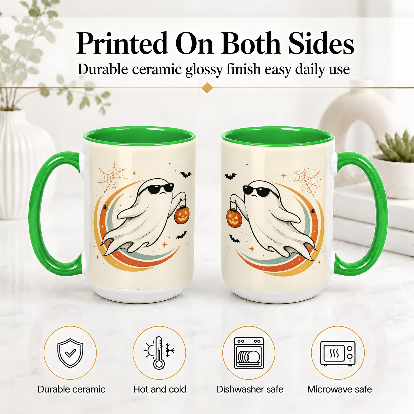 #pl[15oz|Green] Retro Halloween Ghost Accent Mug, Ceramic Mug with Pumpkin Bucket Art