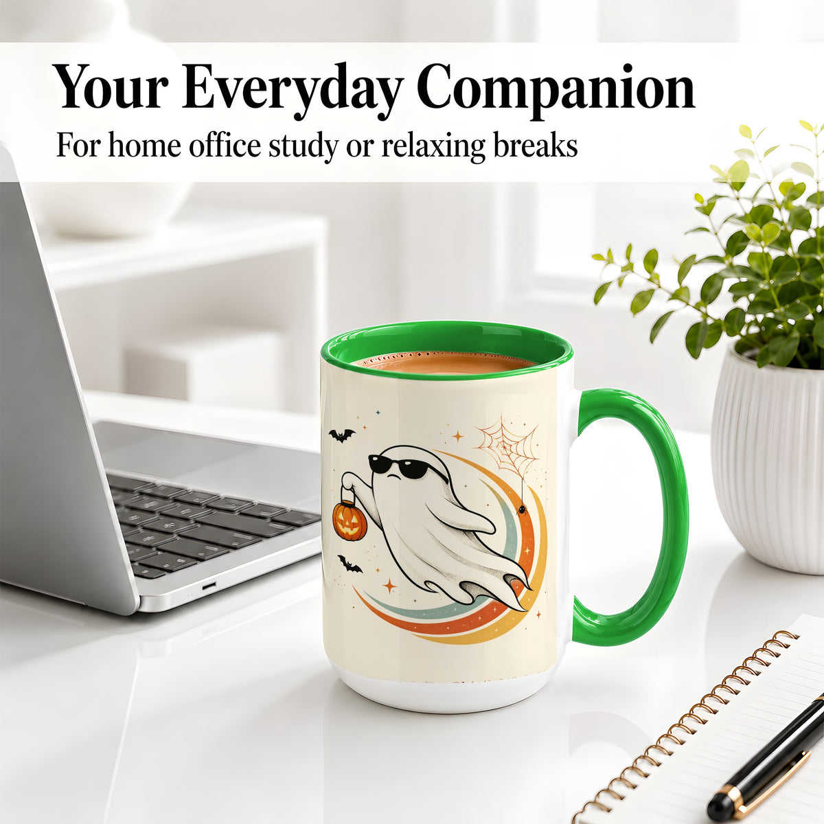 #pl[15oz|Green] Retro Halloween Ghost Accent Mug, Ceramic Mug with Pumpkin Bucket Art