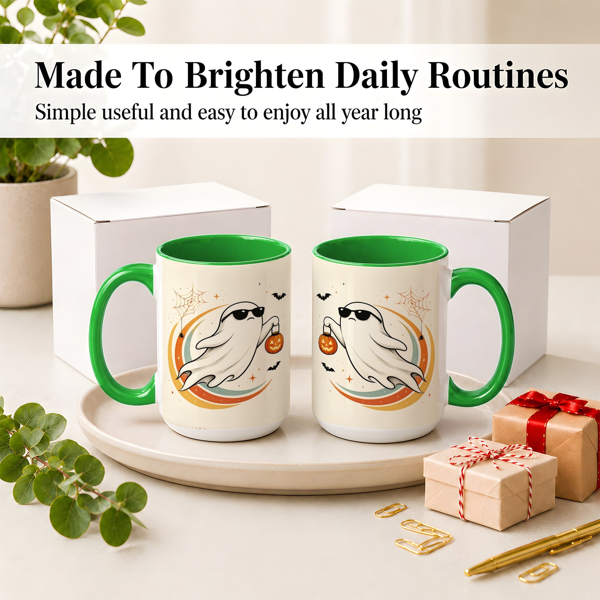 #pl[15oz|Green] Retro Halloween Ghost Accent Mug, Ceramic Mug with Pumpkin Bucket Art