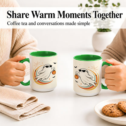 #pl[15oz|Green] Retro Halloween Ghost Accent Mug, Ceramic Mug with Pumpkin Bucket Art