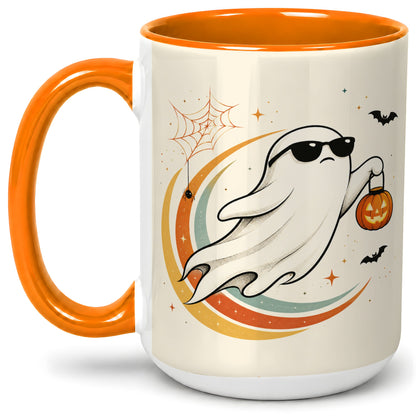 #pl[15oz|Orange] Retro Halloween Ghost Accent Mug, Ceramic Mug with Pumpkin Bucket Art