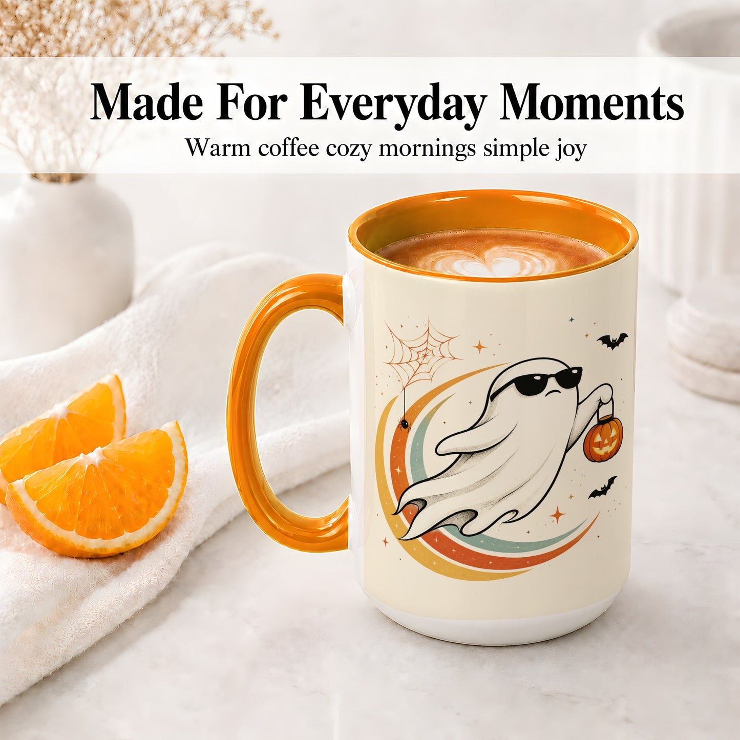 #pl[15oz|Orange] Retro Halloween Ghost Accent Mug, Ceramic Mug with Pumpkin Bucket Art