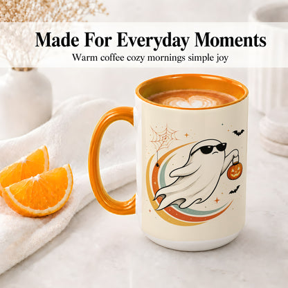 #pl[15oz|Orange] Retro Halloween Ghost Accent Mug, Ceramic Mug with Pumpkin Bucket Art