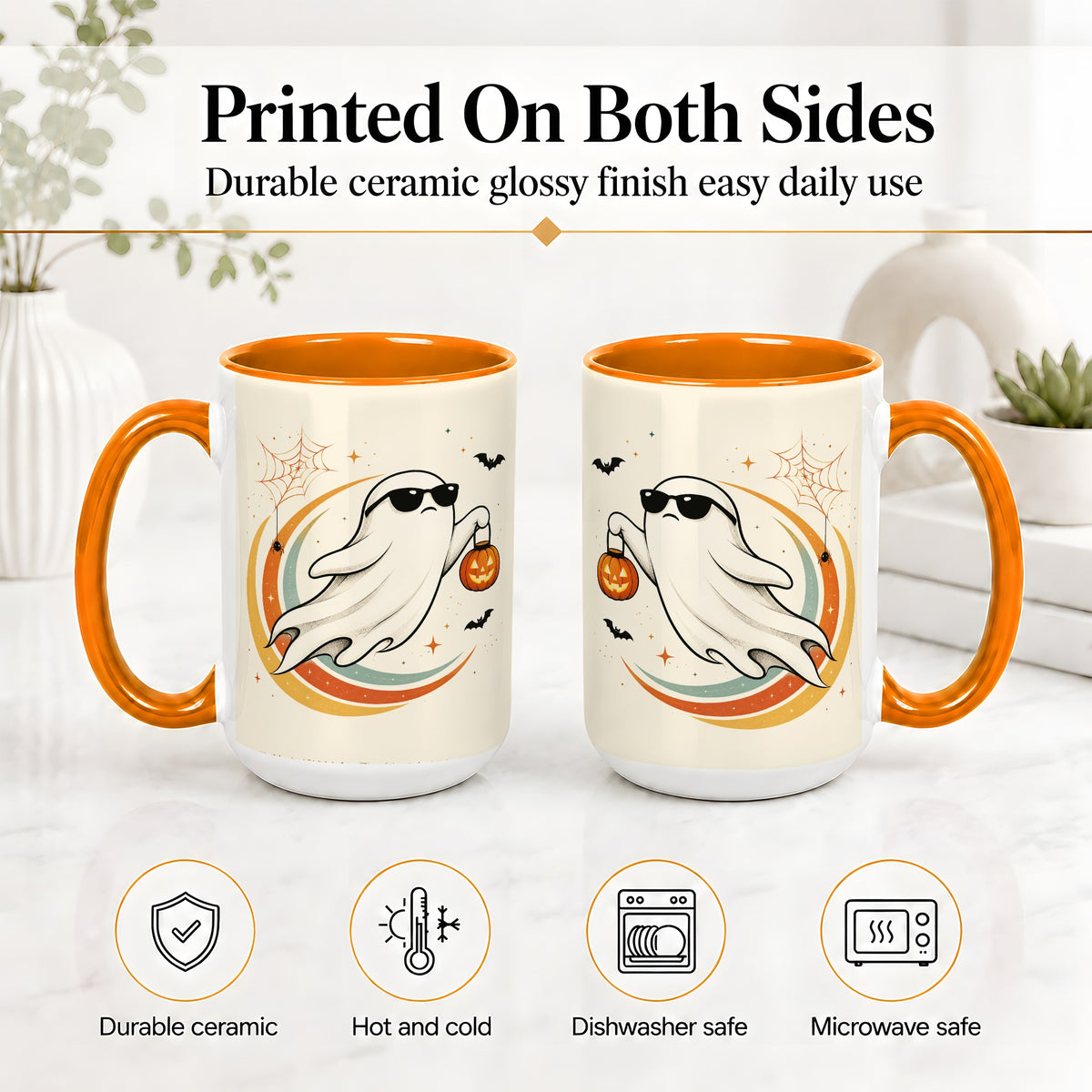 #pl[15oz|Orange] Retro Halloween Ghost Accent Mug, Ceramic Mug with Pumpkin Bucket Art