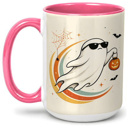 #pl[15oz|Pink] Retro Halloween Ghost Accent Mug, Ceramic Mug with Pumpkin Bucket Art
