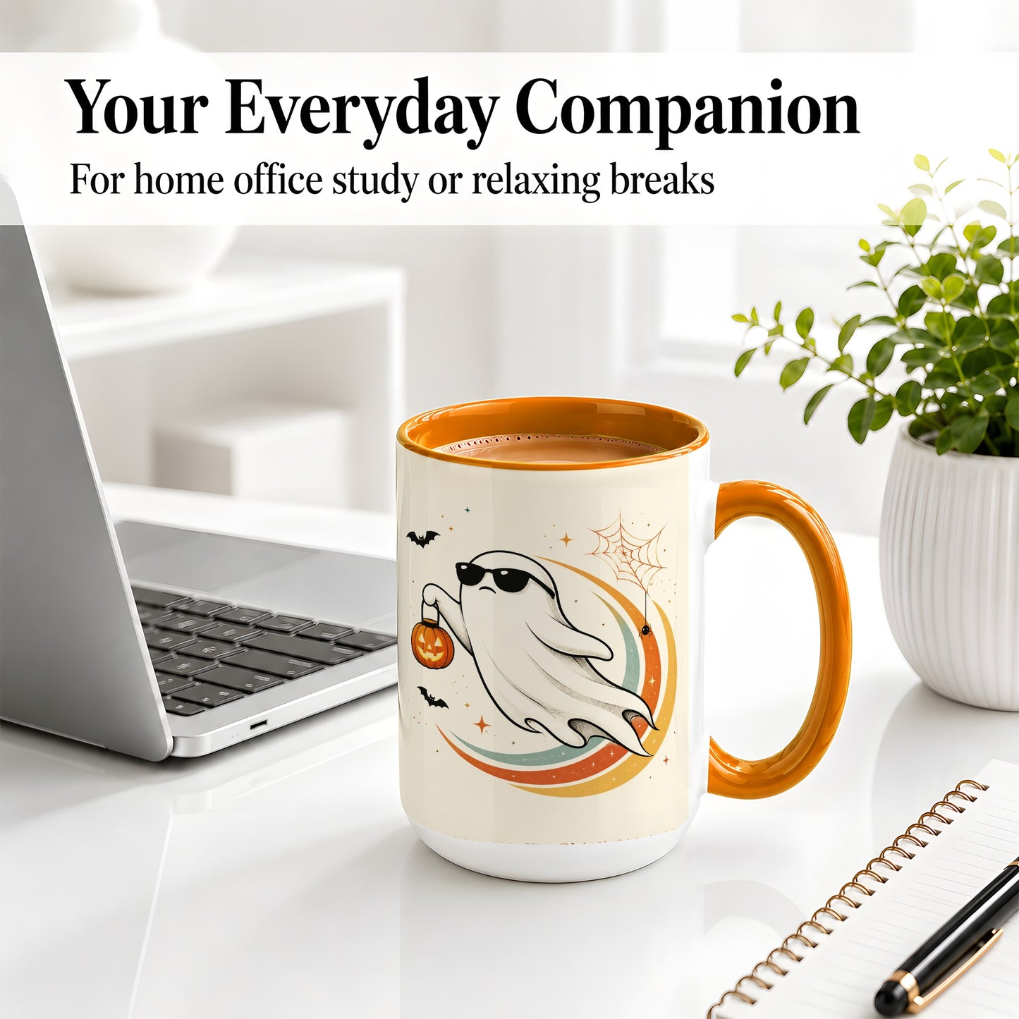 #pl[15oz|Orange] Retro Halloween Ghost Accent Mug, Ceramic Mug with Pumpkin Bucket Art