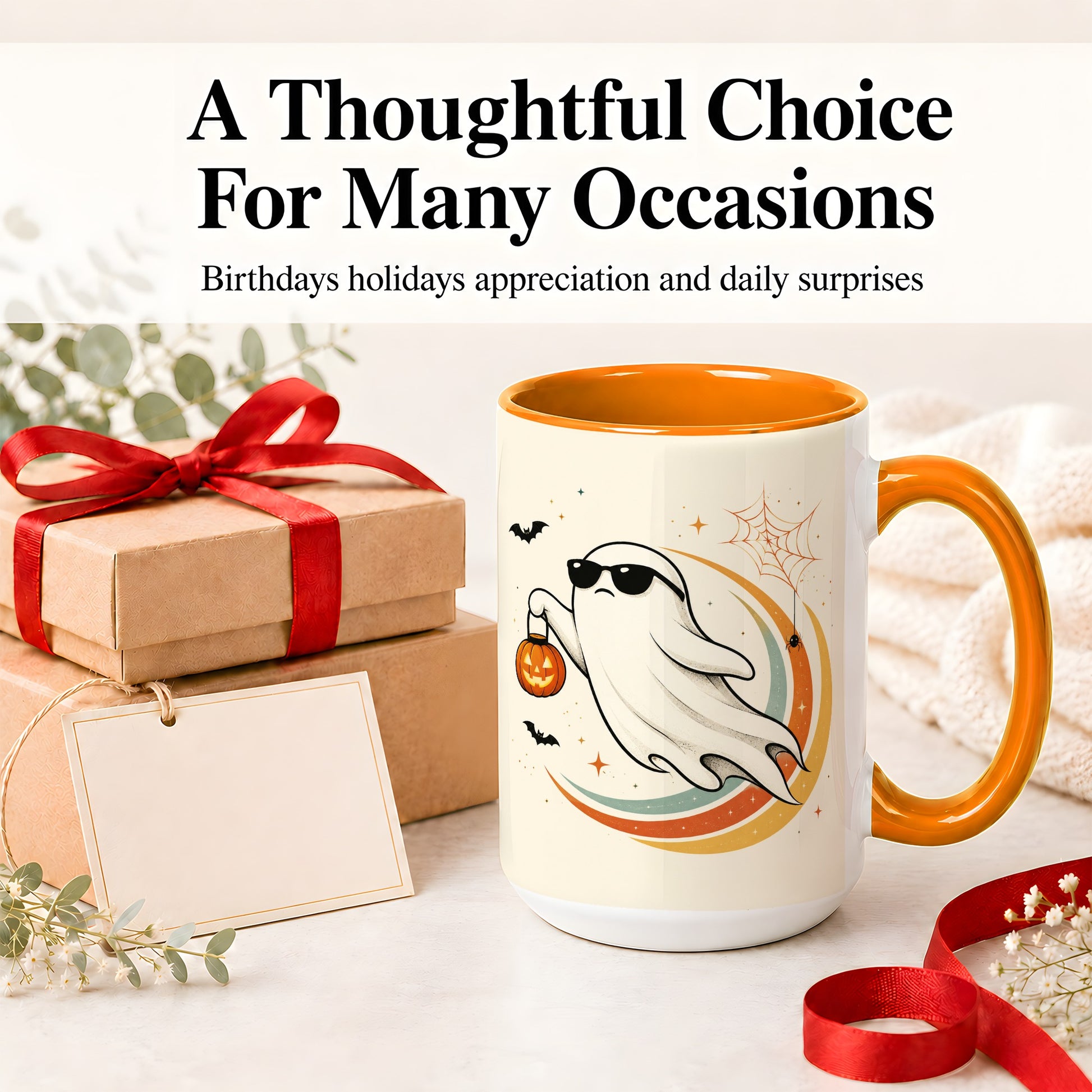 #pl[15oz|Orange] Retro Halloween Ghost Accent Mug, Ceramic Mug with Pumpkin Bucket Art