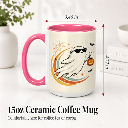 #pl[15oz|Pink] Retro Halloween Ghost Accent Mug, Ceramic Mug with Pumpkin Bucket Art