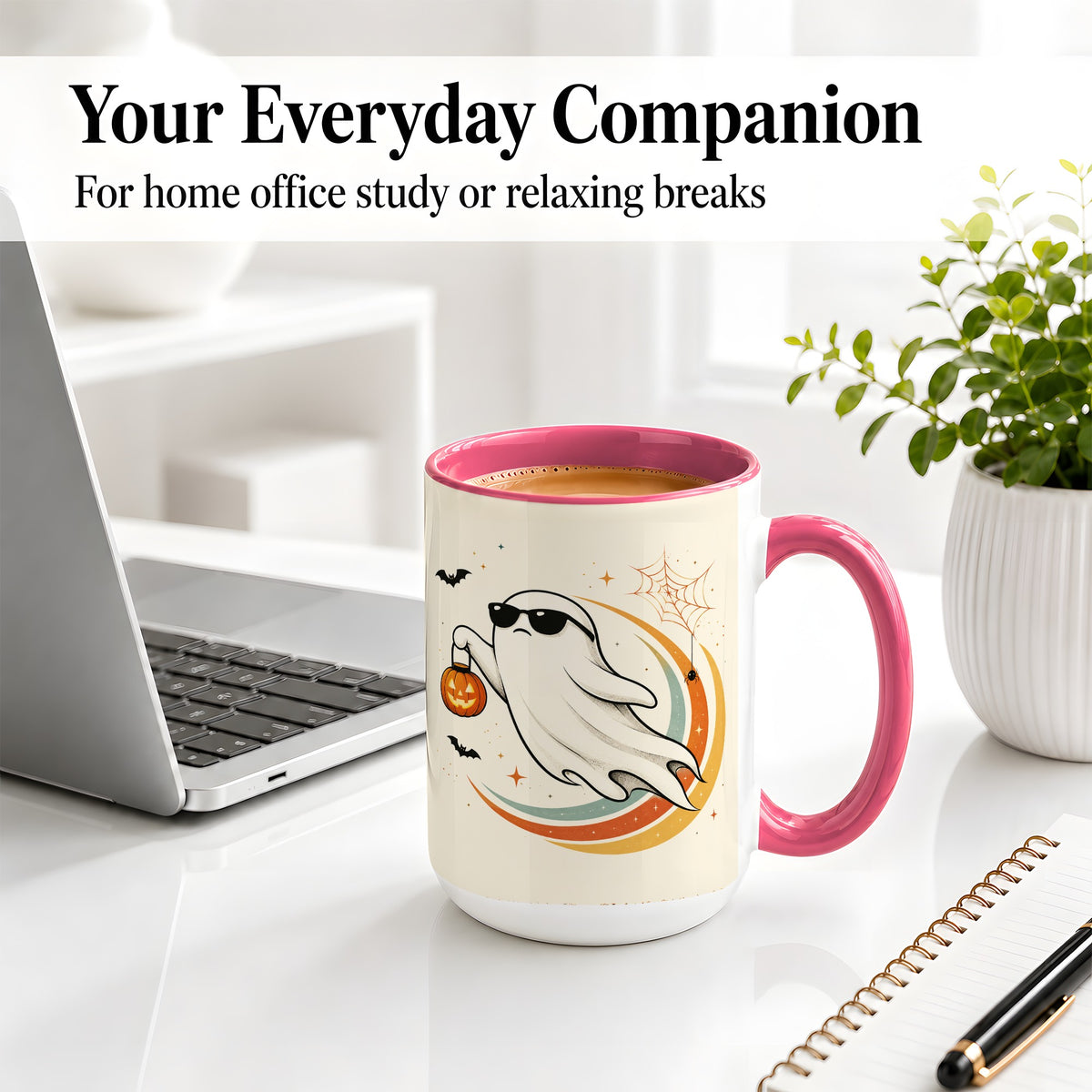 #pl[15oz|Pink] Retro Halloween Ghost Accent Mug, Ceramic Mug with Pumpkin Bucket Art