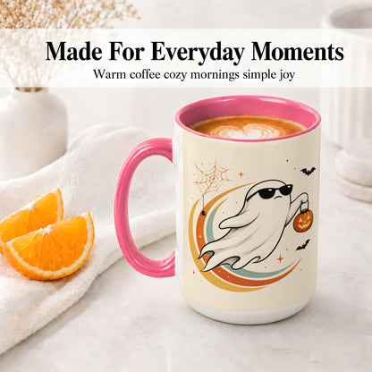#pl[15oz|Pink] Retro Halloween Ghost Accent Mug, Ceramic Mug with Pumpkin Bucket Art