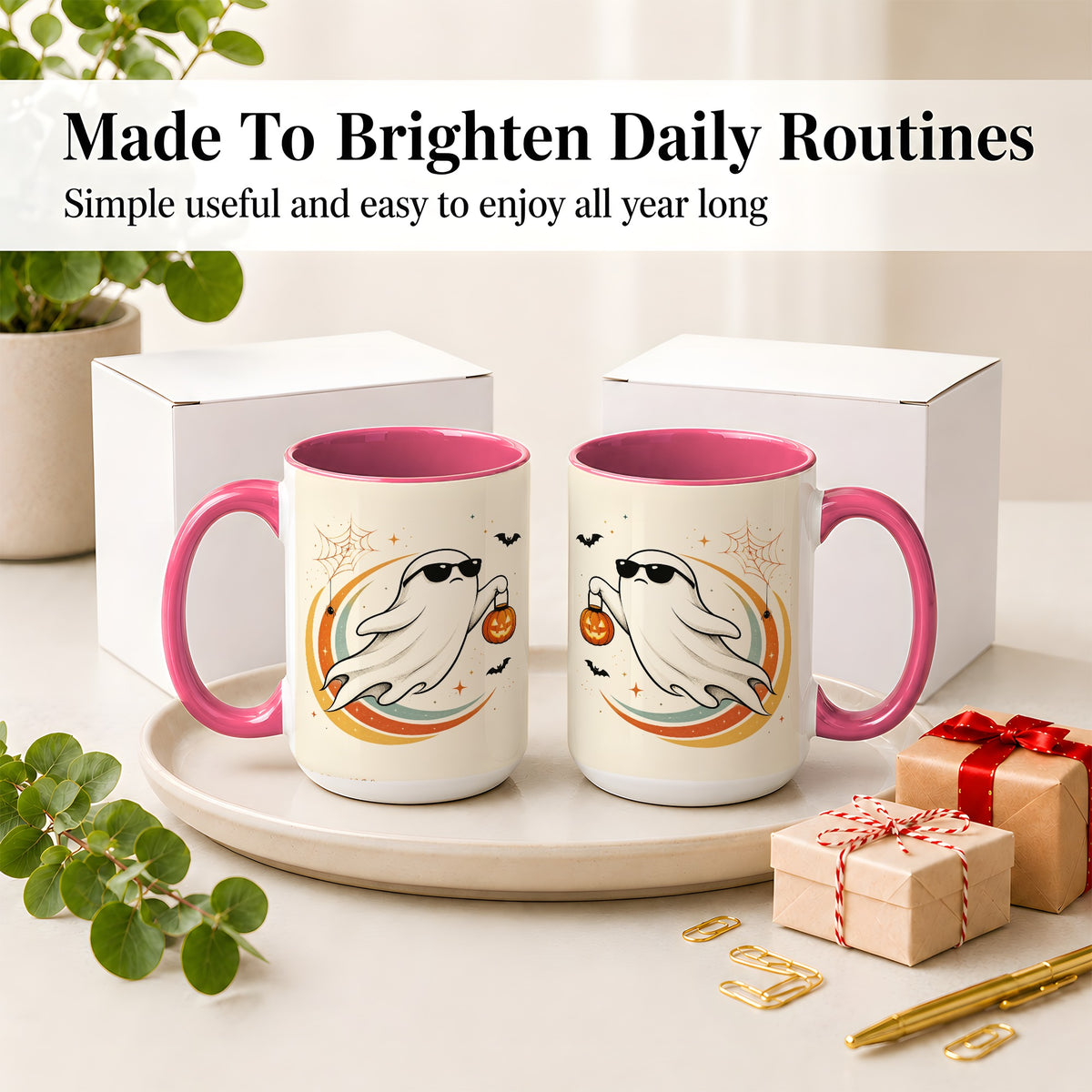 #pl[15oz|Pink] Retro Halloween Ghost Accent Mug, Ceramic Mug with Pumpkin Bucket Art