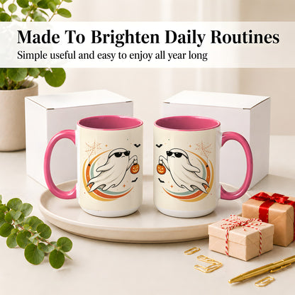 #pl[15oz|Pink] Retro Halloween Ghost Accent Mug, Ceramic Mug with Pumpkin Bucket Art