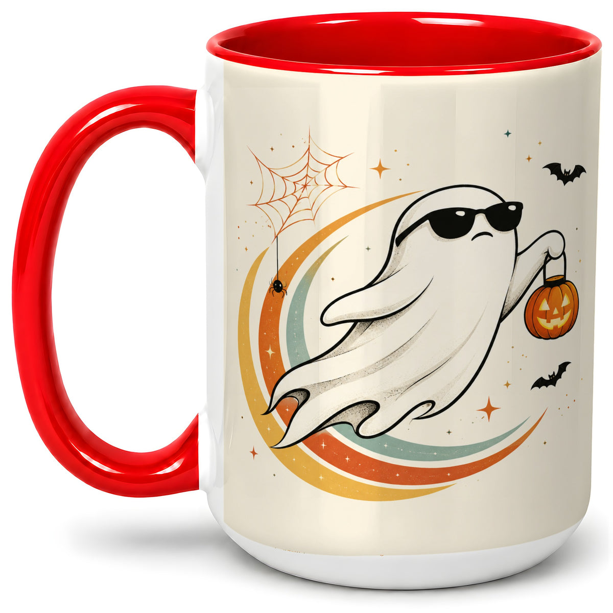 #pl[15oz|Red] Retro Halloween Ghost Accent Mug, Ceramic Mug with Pumpkin Bucket Art