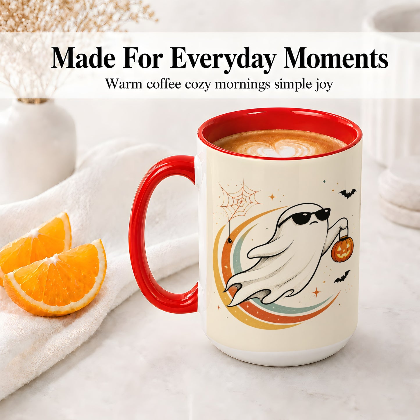 #pl[15oz|Red] Retro Halloween Ghost Accent Mug, Ceramic Mug with Pumpkin Bucket Art