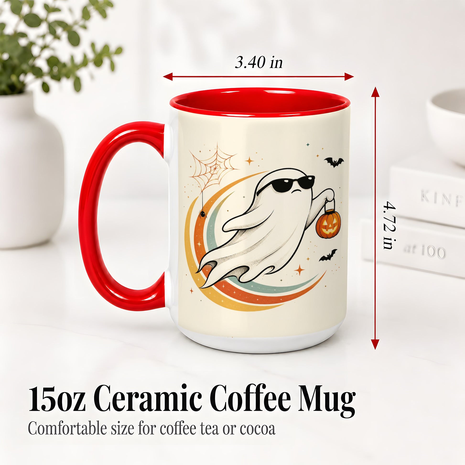 #pl[15oz|Red] Retro Halloween Ghost Accent Mug, Ceramic Mug with Pumpkin Bucket Art