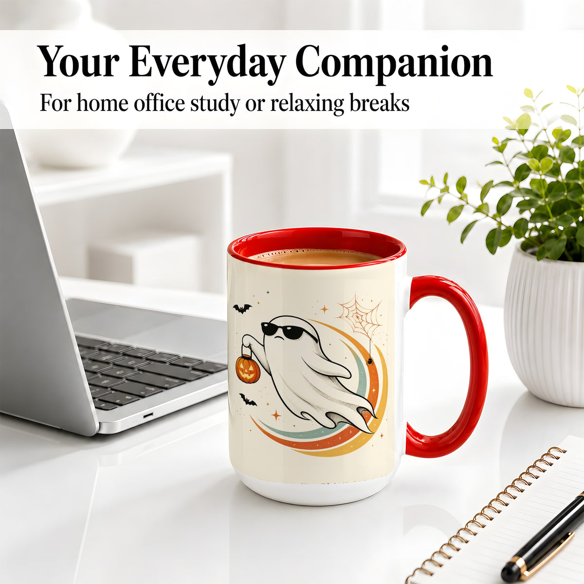 #pl[15oz|Red] Retro Halloween Ghost Accent Mug, Ceramic Mug with Pumpkin Bucket Art