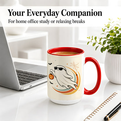 #pl[15oz|Red] Retro Halloween Ghost Accent Mug, Ceramic Mug with Pumpkin Bucket Art