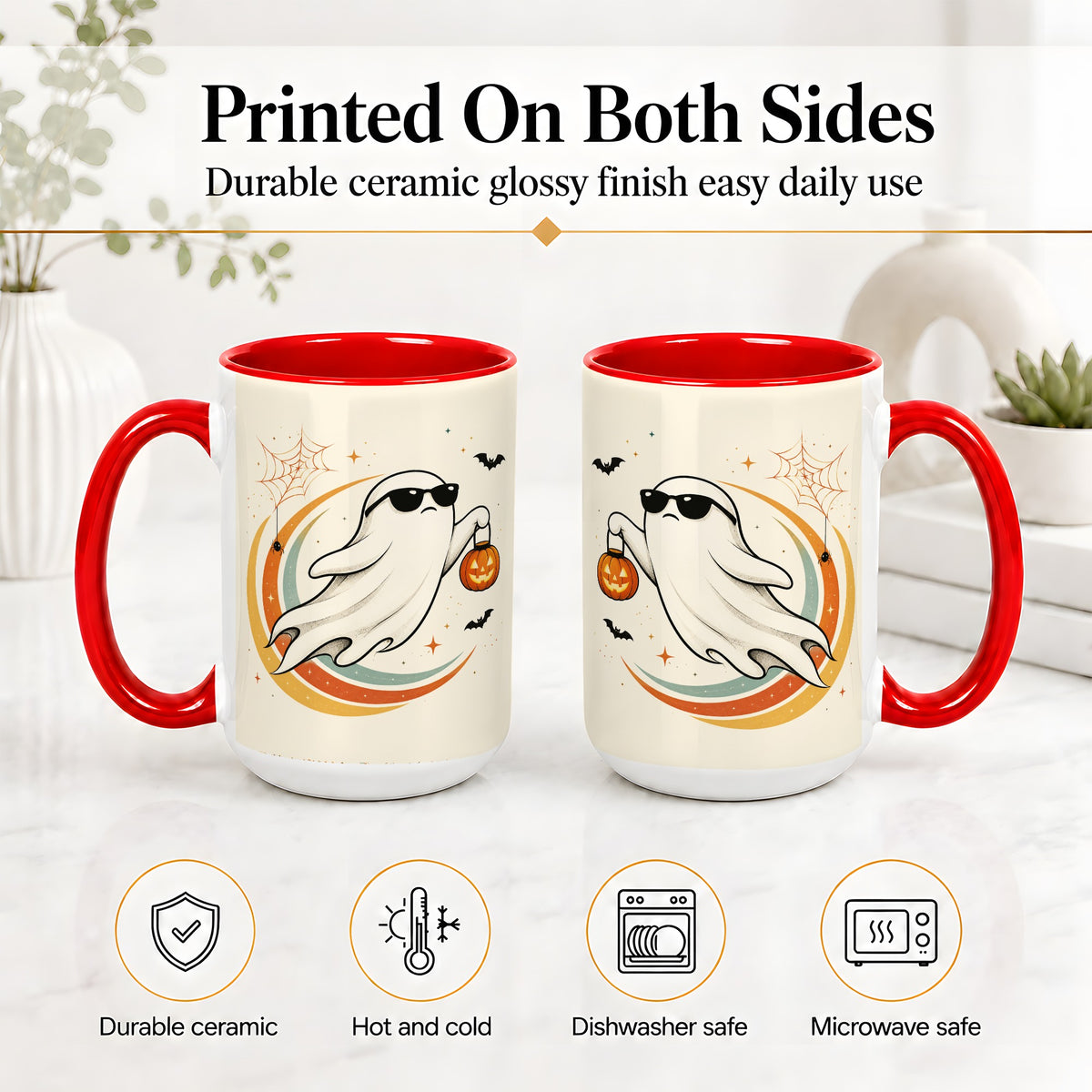 #pl[15oz|Red] Retro Halloween Ghost Accent Mug, Ceramic Mug with Pumpkin Bucket Art