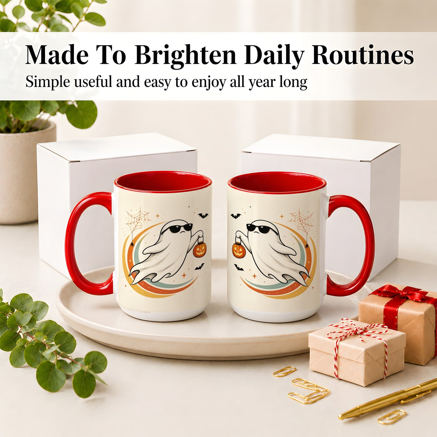 #pl[15oz|Red] Retro Halloween Ghost Accent Mug, Ceramic Mug with Pumpkin Bucket Art