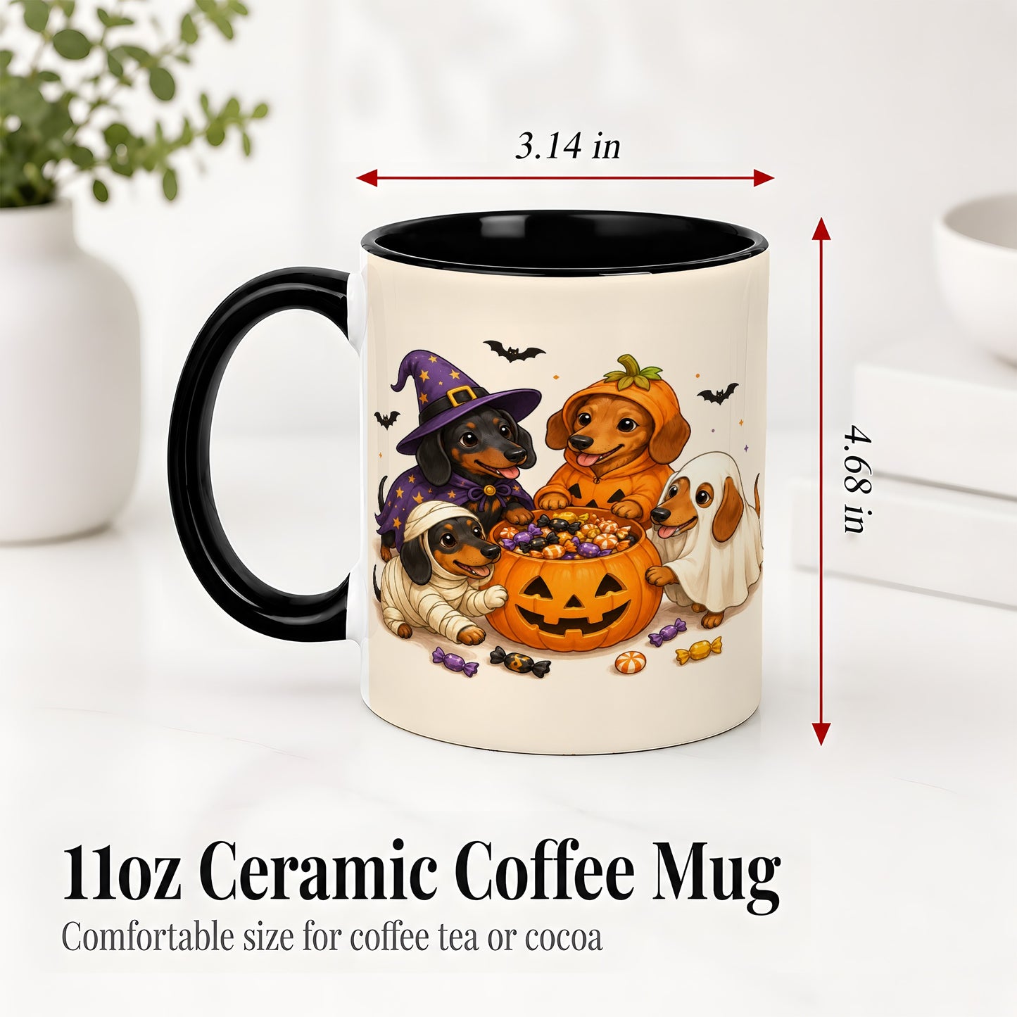 #pl[11oz|Black] Halloween Dachshunds Accent Mug, Ceramic Mug with Costume Dog Artwork