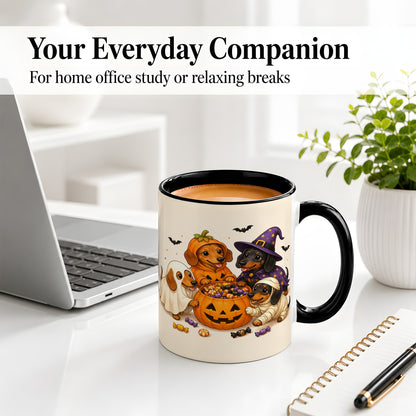 #pl[11oz|Black] Halloween Dachshunds Accent Mug, Ceramic Mug with Costume Dog Artwork