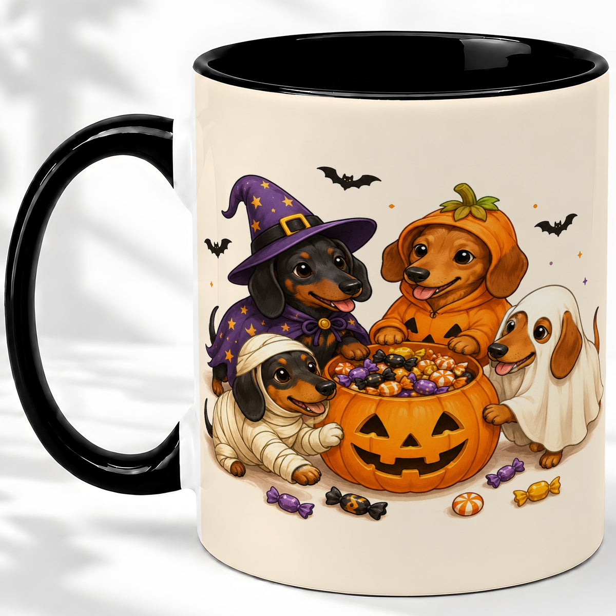 #pl[11oz|Black] Halloween Dachshunds Accent Mug, Ceramic Mug with Costume Dog Artwork