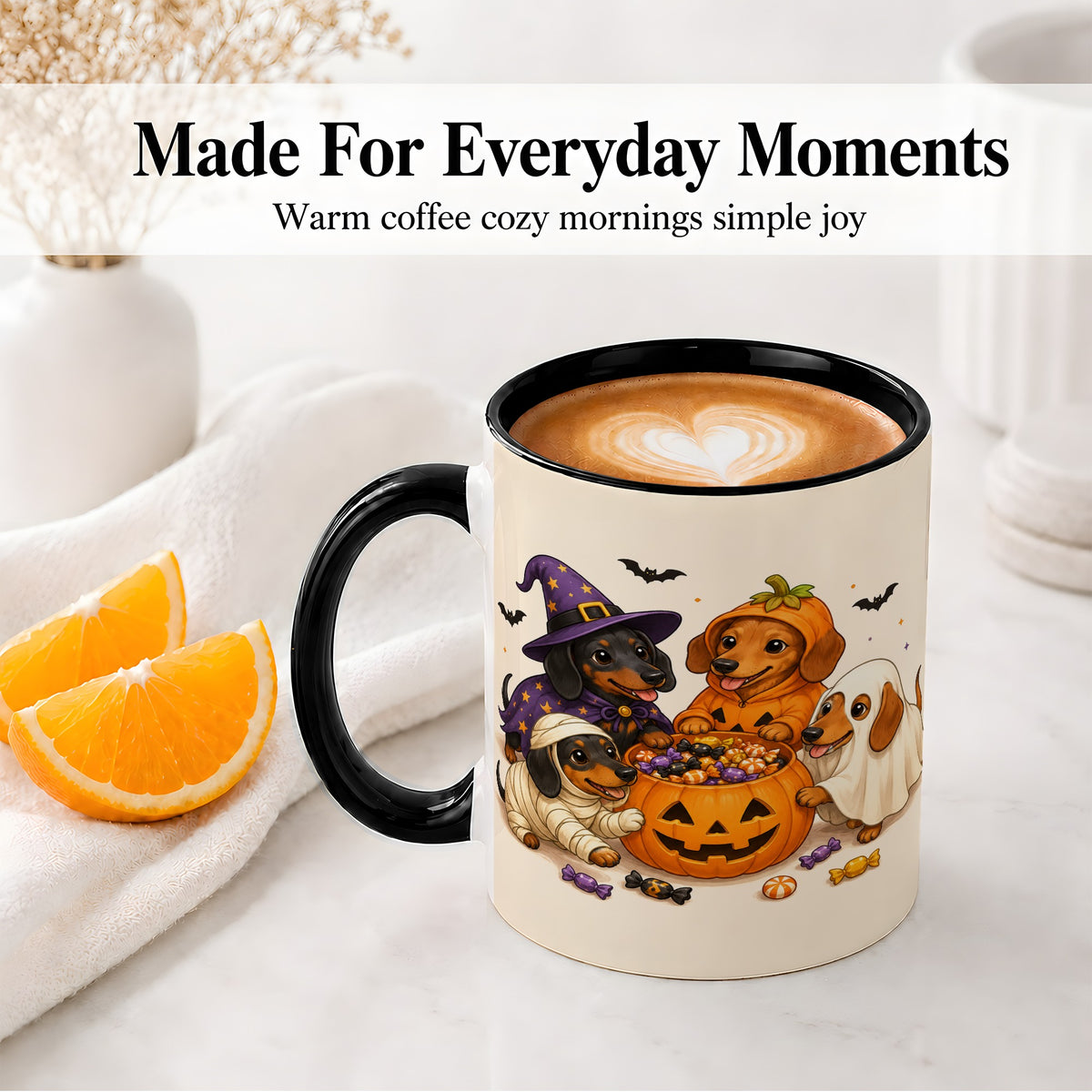 #pl[11oz|Black] Halloween Dachshunds Accent Mug, Ceramic Mug with Costume Dog Artwork