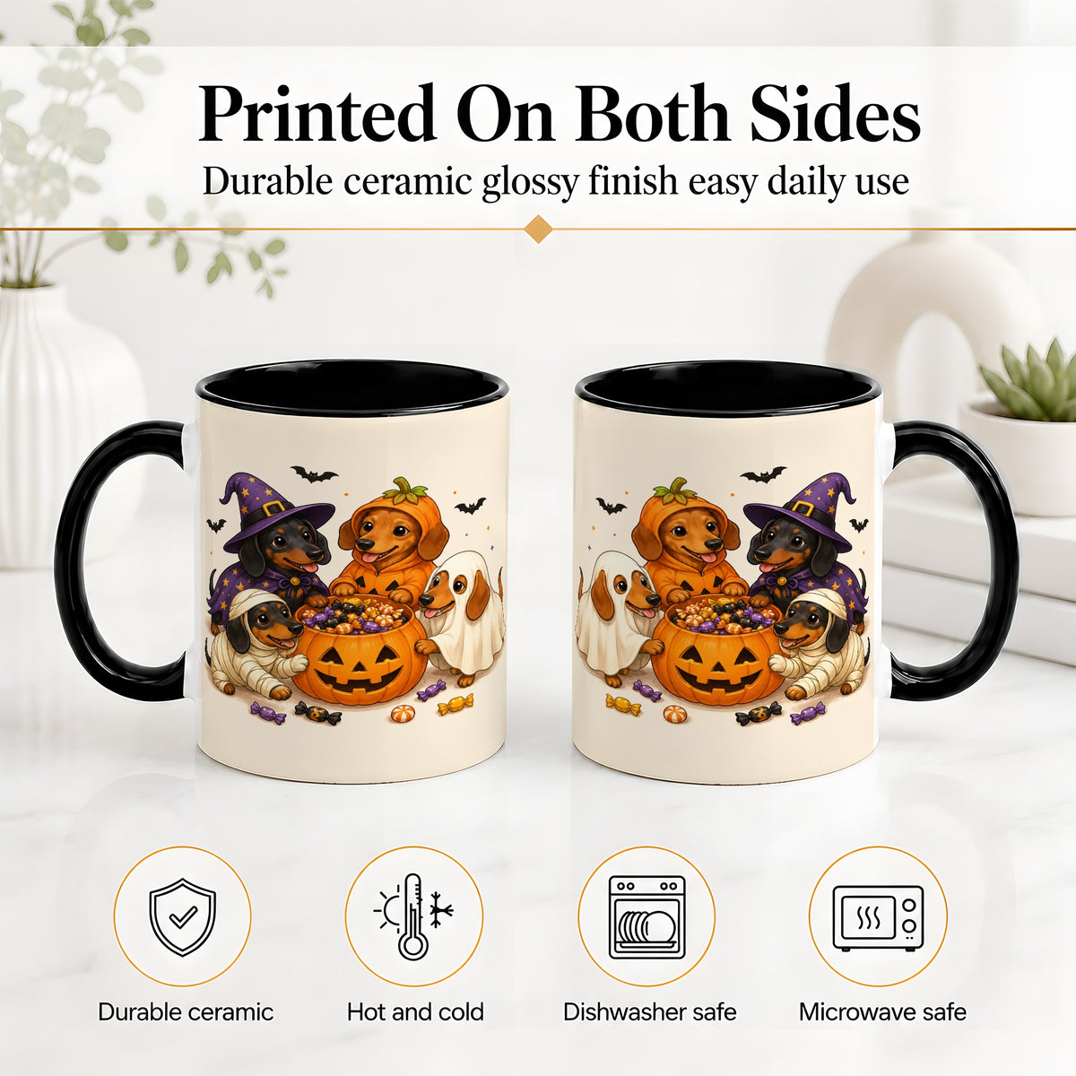#pl[11oz|Black] Halloween Dachshunds Accent Mug, Ceramic Mug with Costume Dog Artwork