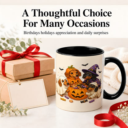 #pl[11oz|Black] Halloween Dachshunds Accent Mug, Ceramic Mug with Costume Dog Artwork