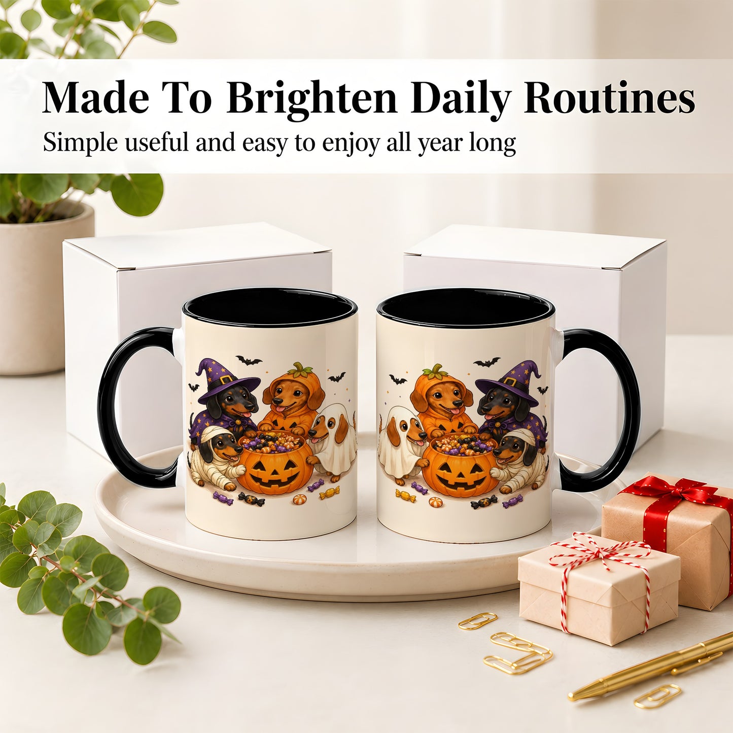 #pl[11oz|Black] Halloween Dachshunds Accent Mug, Ceramic Mug with Costume Dog Artwork